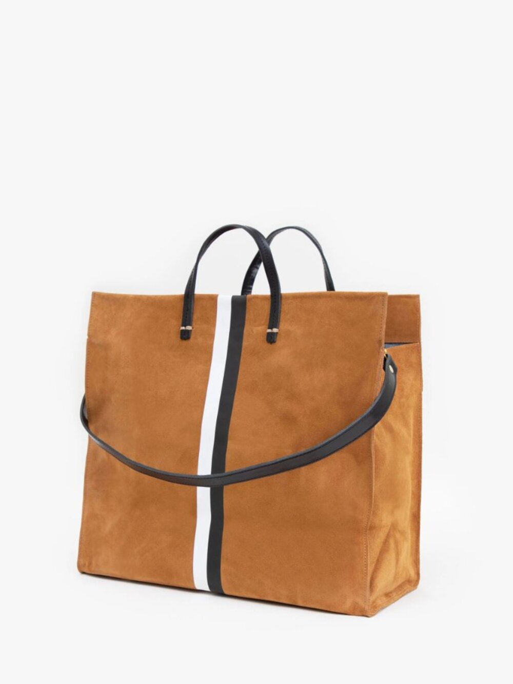 NWOT CLARE V Simple Tote in New Camel Suede with Black/White Stripes - Picture 2 of 9